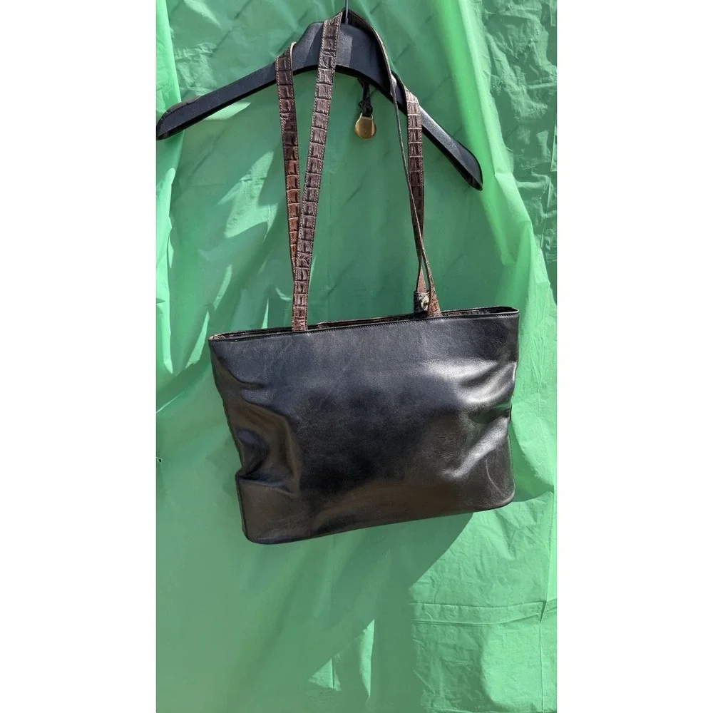 Brahmin Black‎ Brown Leather Tote Bag Croc Embossed Shoulder Purse
